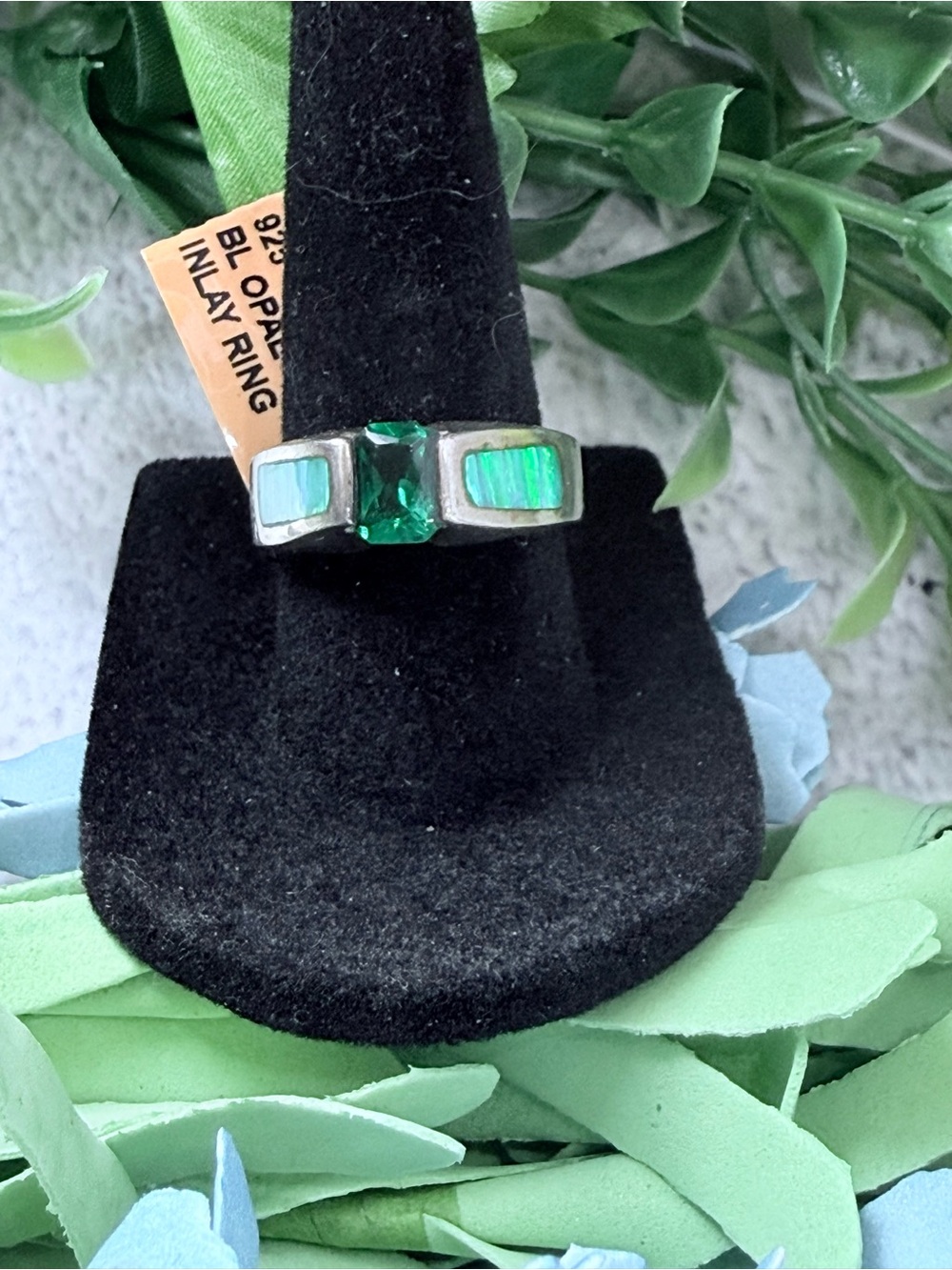 925 Sterling Silver created Emerald Green and Opal Inlay Statement Ring